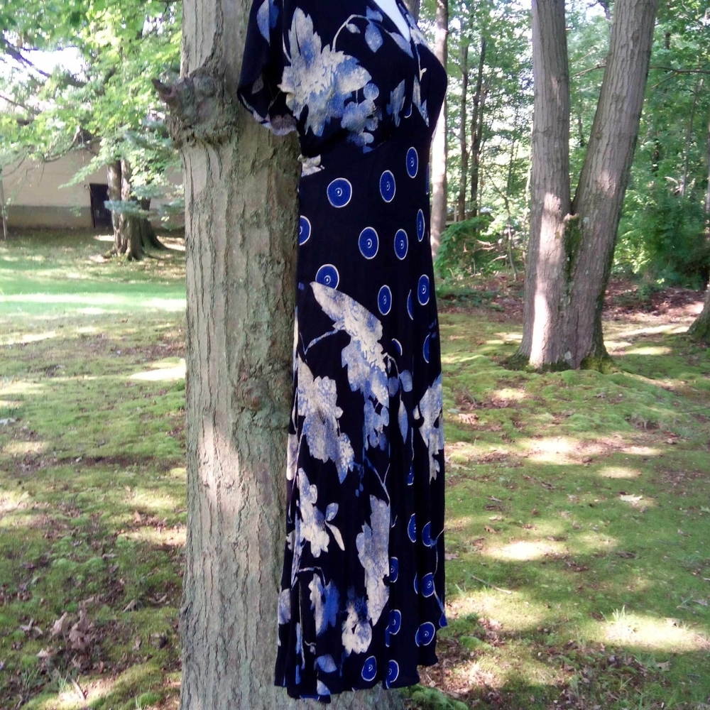 🖤 SO Good: Vintage 90s Floral Indigo Mexican Flowy Dress in vtg 14 - Picture 8 of 9